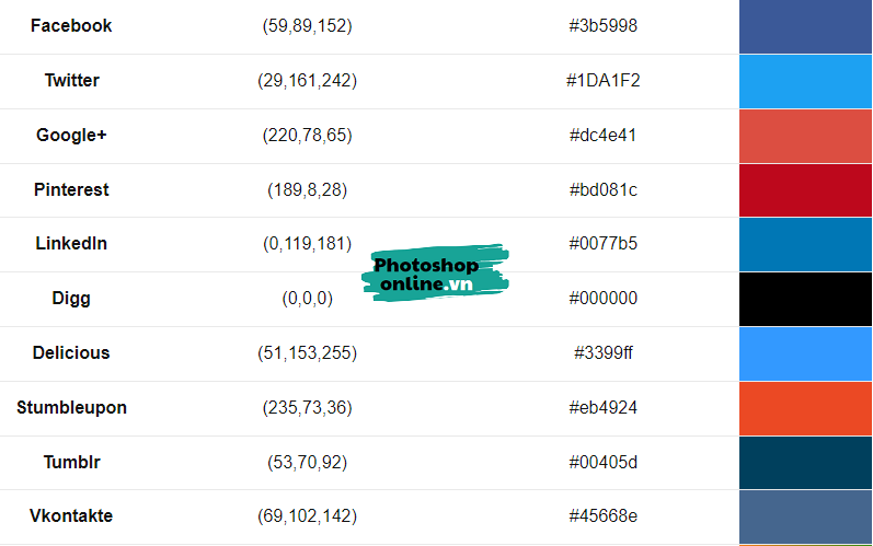 Mã màu các mạng xã hội nổi tiếng